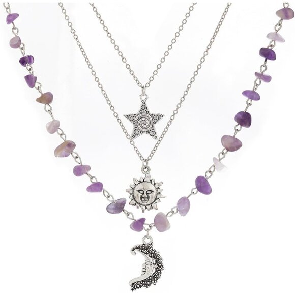 Adjustable Silver Layered Gothic Necklace with Sun and Moon - Perfect for Gifts - Picture 1 of 4